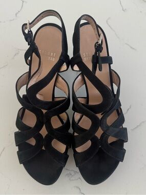 Stuart Weitzman Black Strappy Heeled Sandals Slingback Platform Heels 7.5 Suede
